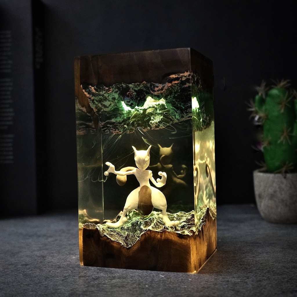 MEW and MEWTWO Epoxy Lamp 6 Handmade Pokemon Epoxy Diorama Light