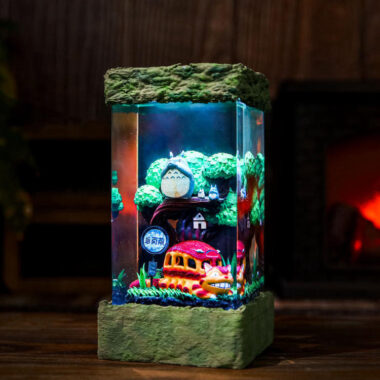 Totoro night lamp - close-up of Totoro figures and Catbus