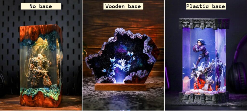 3 typical types of Hirosart movie themed lamp bases include no base, wooden base, and plastic base