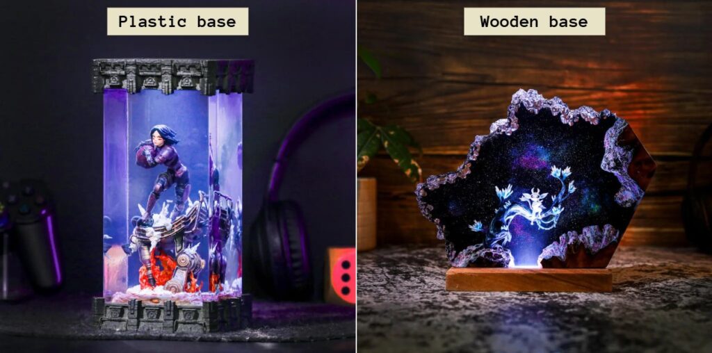 Hirosart’s film lamp blends resin artistry with bases of wood or plastic