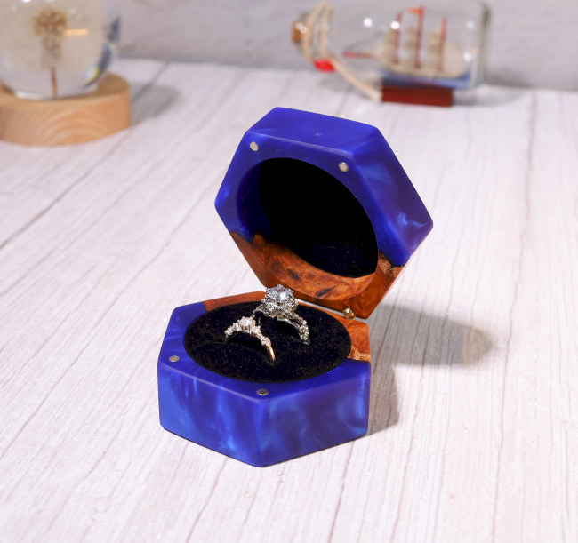 Custom Hexagonal Blue Resin Double Ring Box 2 Custom Hexagonal Blue Resin Double Ring Box