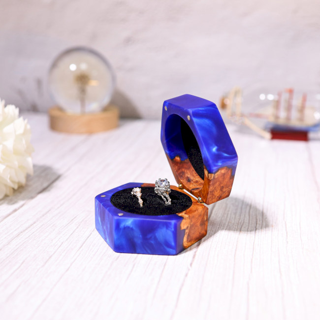 Custom Hexagonal Blue Resin Double Ring Box 6 Custom Hexagonal Blue Resin Double Ring Box
