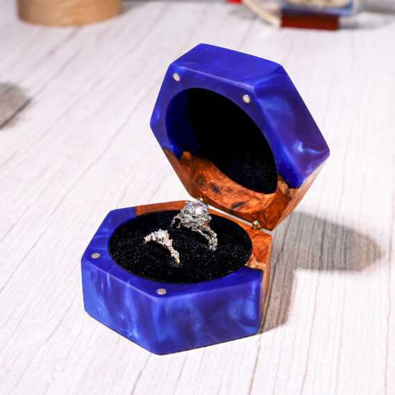 Custom Hexagonal Blue Resin Double Ring Box 1 Custom Hexagonal Blue Resin Double Ring Box