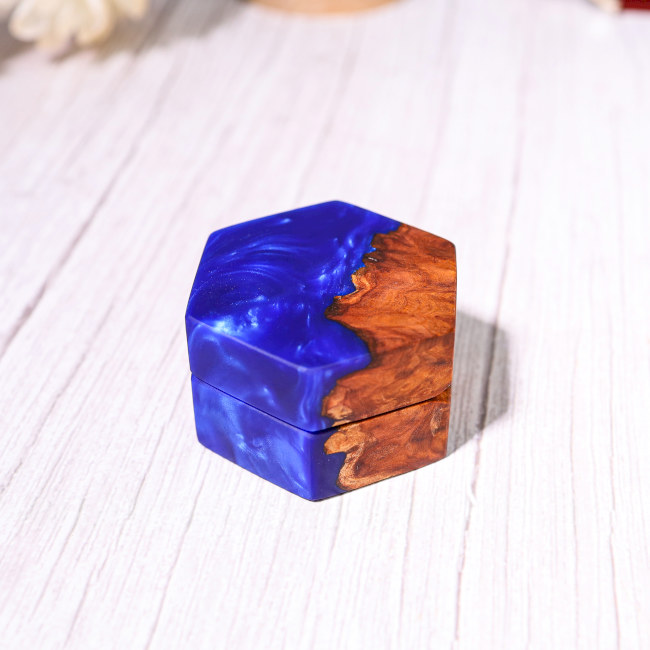 Custom Hexagonal Blue Resin Double Ring Box 3 Custom Hexagonal Blue Resin Double Ring Box