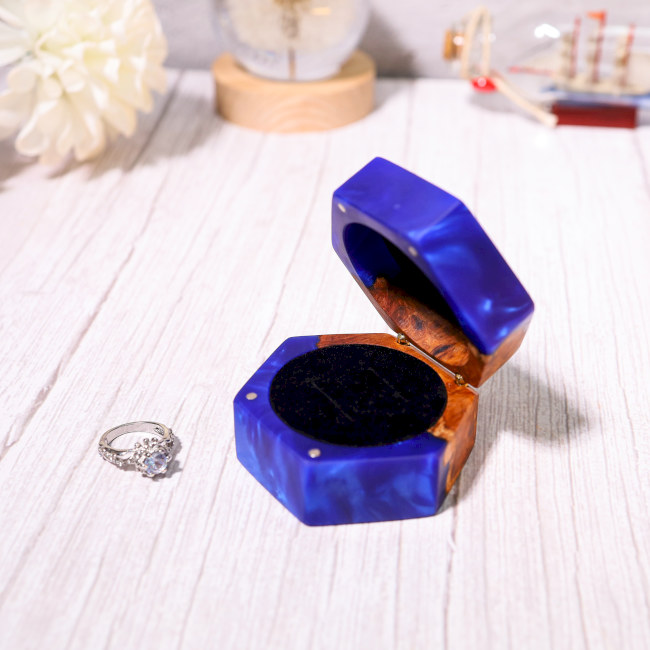 Custom Hexagonal Blue Resin Double Ring Box 4 Custom Hexagonal Blue Resin Double Ring Box