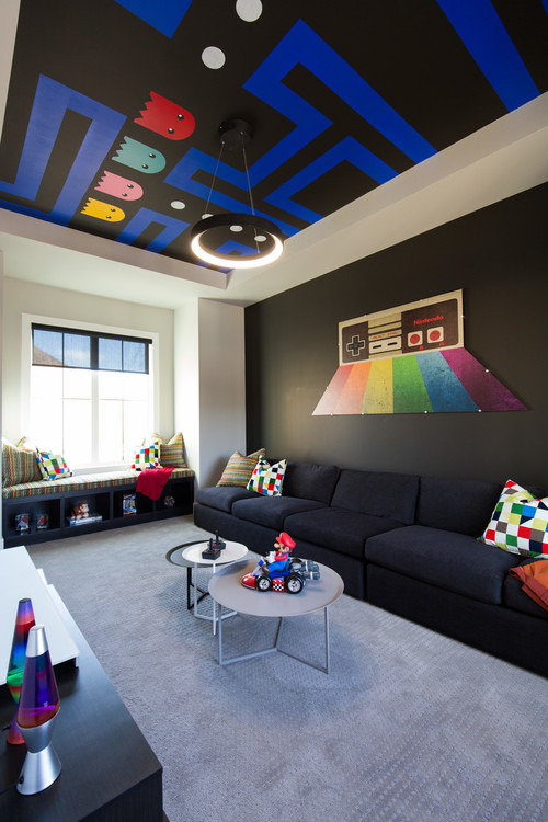 37+ Best Basement Game Room Ideas For Your Space 67 A ceiling with pac-man and ghosts brings fun and nostalgia
