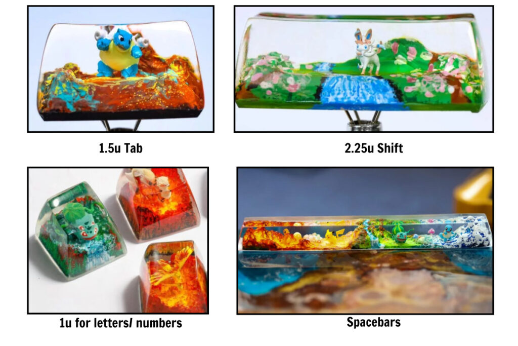 A diverse size of Pokémon keycaps from Hirosart