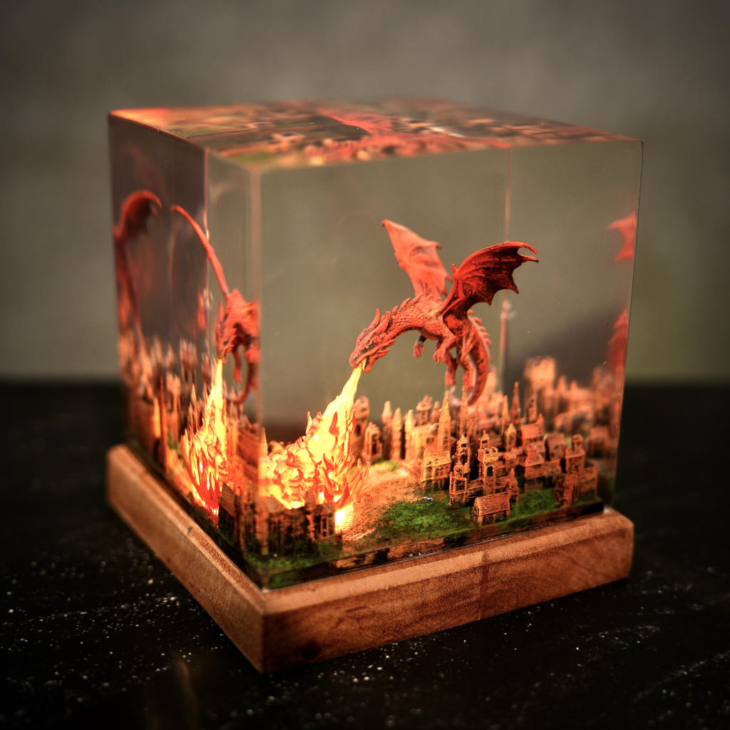 Fantasy Dragon Breathing Fire on City Lamp 2 Fantasy Dragon Breathing Fire on City Lamp