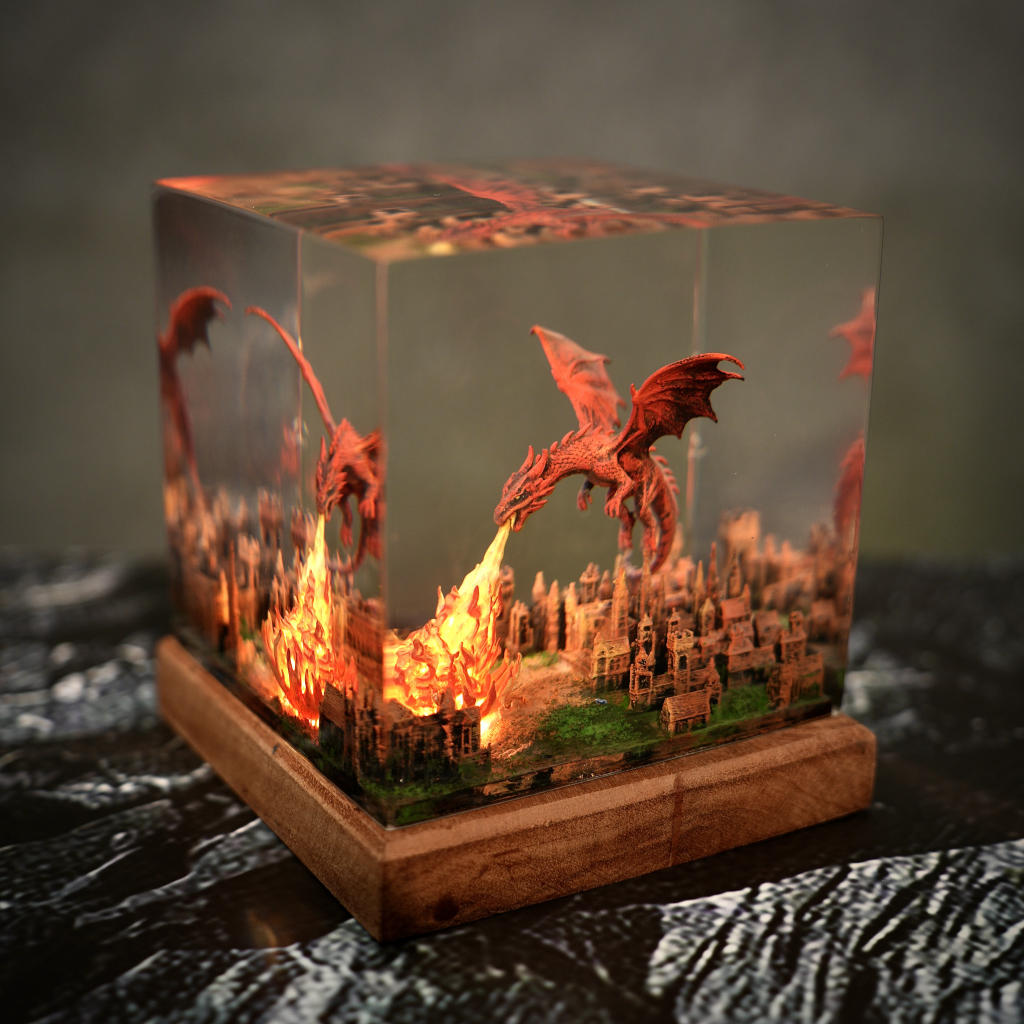 Fantasy Dragon Breathing Fire on City Lamp 1 Fantasy Dragon Breathing Fire on City Lamp