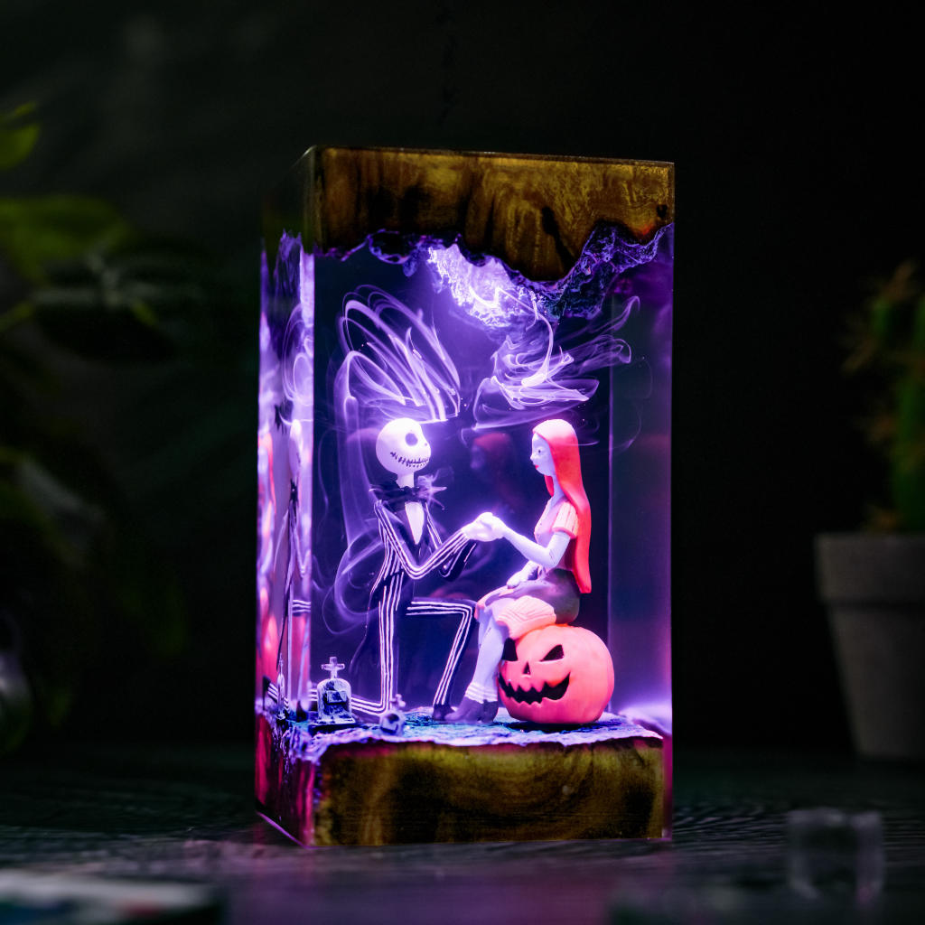 Nightmare Before Christmas resin lamp - Jack proposing to Sally under purple LED lighting with swirling smoke and a wooden base