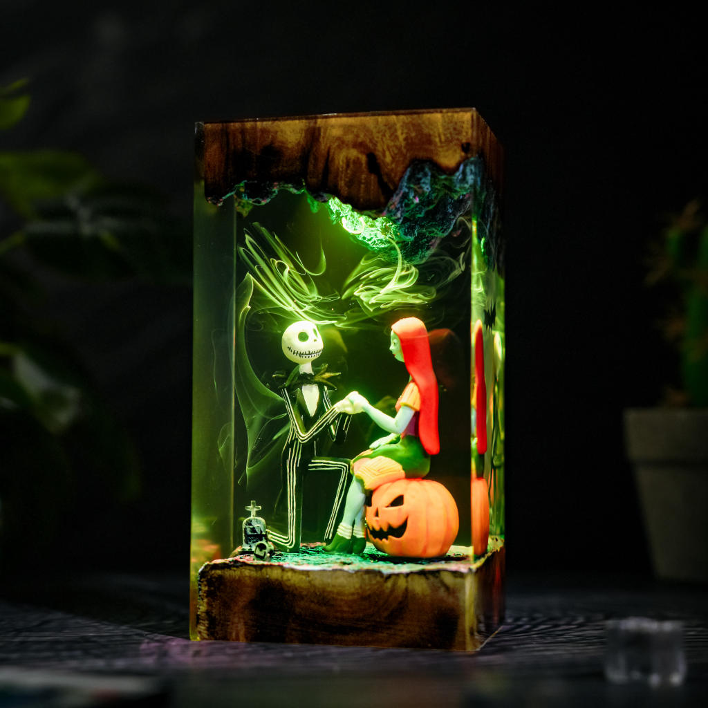 Halloween resin lamp - three-quarter view with green LED lighting